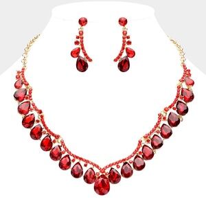 Elegant Red and Gold Teardrop Necklace and Earring Set